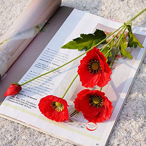 RTWAY Künstliche französische Maismohnblumen, Seide, Mohnblumen, Beflockung, langer Stiel, Seide, künstliche Blumen, DIY, Hotel, Tischaufsätze für Küche, Zuhause, Rot, 3 Stück