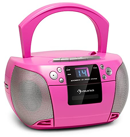 AUNA Harper - CD Boombox, Lecteur CD, Fonction Bluetooth, Lecteur de Cassettes, Tuner Radio FM, entrée AUX, Port USB, Affichage LED, sur Secteur ou Piles - Rose
