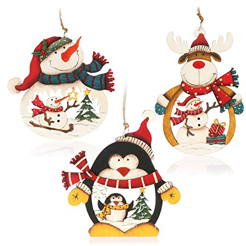 COM-FOUR® 3X Colgante de Madera para el Árbol de Navidad - Adornos y Decoración Navideña Con Tres Motivos