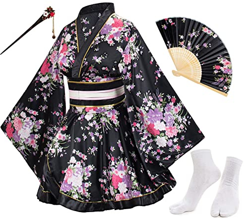 Japanese Anime Women's Dance Kimono Robe Fancy Dress Yukata Silk Folding Fans Tabi Hairstick Socks Set Black Large
