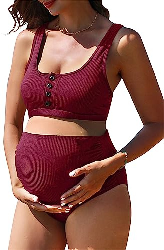 Summer Mae Umstands-Badeanzug, gerippt, hohe Taille, Bauchfreies Oberteil, Bikini, Badeanzug, hoch geschnitten, zweiteilig, Schwangerschaft, weinrot, Medium