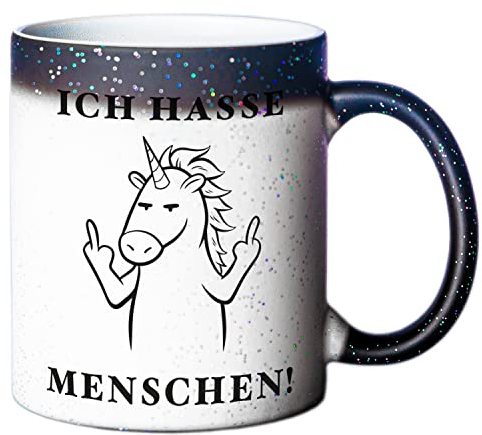 Glitzer Tasse mit Thermoeffekt Ich hasse Menschen | Schwarz | Einhorn | 330ml | doppelseitig bedruckt | Lustige Einhorntasse als witzige Geschenkidee zu Weihnachten für beste Freundin oder Kollegin