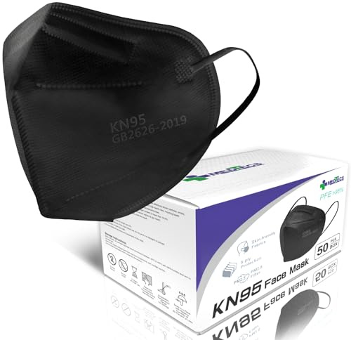 Medtecs KN95 Face Masks Disposable - Individually Wrapped, 5 Ply Protection & Extra Wide Elastic Ear Loops Design, ≧ 95% Filtration Efficiency | Mask Extender included, 50 PC - Black
