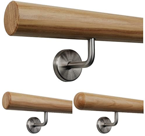 TIBU Pasamanos de madera de roble de 50 mm de diámetro para barandilla de 200 cm de longitud + 3 soportes y extremos biselados