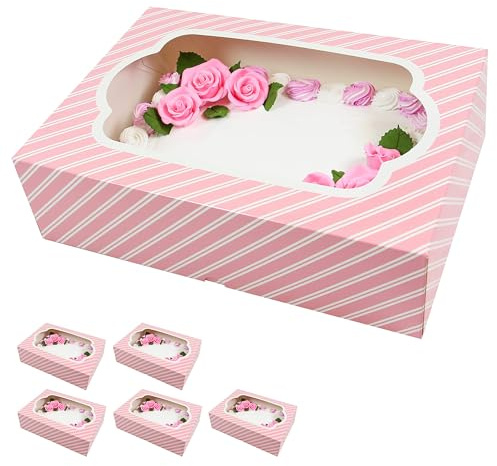 Global Sugar Art 5-Count Quarter Sheet Cake Box with Window, Sturdy, AutoPopup (14 x 10 x 4 Inches, Pink Stripe)