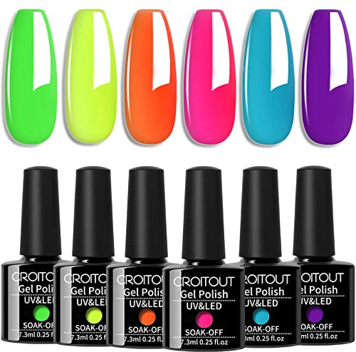 Croitout UV Gel Nail Polish Set - Sock Off, Glow in the Dark Neon Colors for Home DIY Manicure and Nail Salon - 6 x 7.3ml
