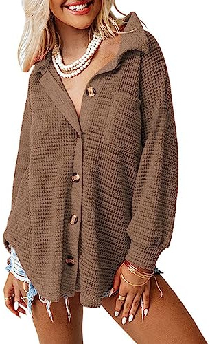 Dokotoo Long Sleeve Shirts for Women Fashion Spring V Neck Waffle Knit Button Down Shirts Comfy Solid Tops Clothing for Women Outwear Brown Cardigan Large