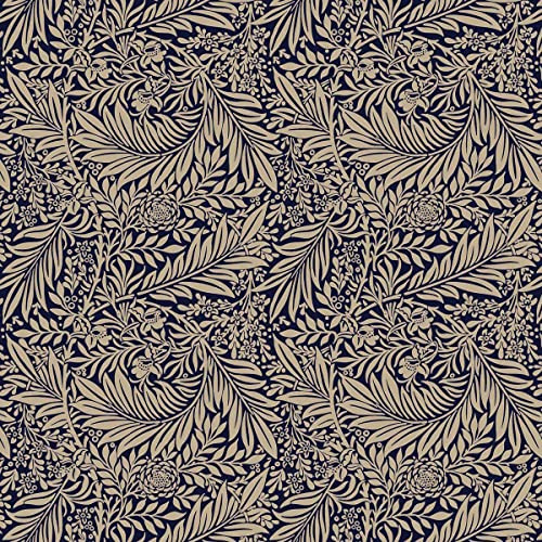 Cotton Fabric - William Morris Larkspur Navy Blue & Brown Taupe Floral - Craft Fabric Material Metre