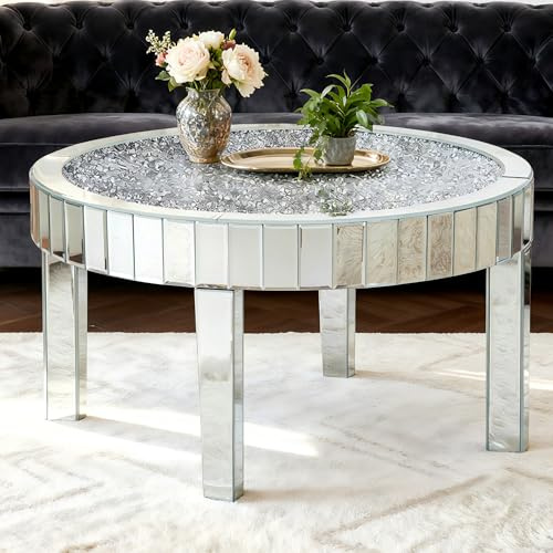 SHYFOY Verspiegelte Couchtisch Kristall, Rund Wohnzimmertisch Sofatisch für Wohnzimmer, Oberseite mit Kristall Diamanten, MDF-Struktur, einfacher Aufbau, Luxuriöse Spiegelmöbel, Silber
