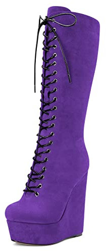 Castamere Donna Zeppa Alto High Tacco Heel Chiusa Rotonda Punta Metà polpaccio Lacci Cerniera Classico Stivali Viola 44 EU