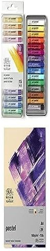 Winsor & Newton Künstler Ölpastellkreiden Set – 15 Ölpastellkreiden in lebendigen Farben mit Pastellpapier in Erdfarben, 24 Blatt, DIN A4 – Starterset 15 Farben im Etui & Papier in Erdfarben 24 Blatt
