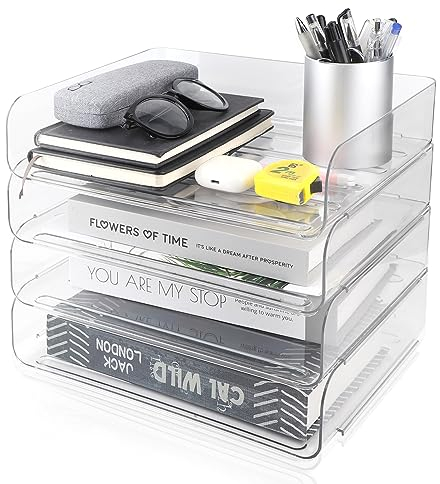 DBREAKS 4 Stöckige Ablagekorb, stapelbare Briefablage, Dokumentenablage für A4, Schreibtischablage aus PET Kunststoff, Briefkorb Ablagefächer für Unterlagen, Schreibtisch Ordner Organizer(Transparent)