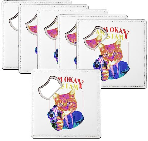 sous Verre Décapsuleur - I am Okay Yes I Am Chat Pistolet Collage Vintage Illustration Art Humour Parodie Animal - Lot de 6 (92 x 92 mm)