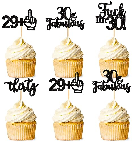 Blumomon 24 Pack Happy 30th Birthday Cupcake Toppers Black Glitter 30 Years Loved Cupcake Picks For 30th Birthday Anniversary Party Cake Decorations