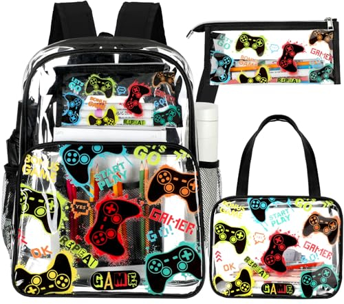 Kacctyen Lot de 3 sacs à dos transparents très résistants avec sac à déjeuner, noir, Style de machine de jeu