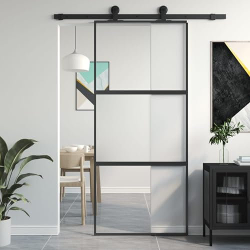 vidaXL Porte Coulissante, Porte de Grange, Porte Intérieur, Porte de Chambre à Coucher Cuisine Entrée, Noir 90x205 cm Verre Trempé Aluminium