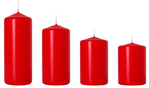 Set of 4 Pillar Candles, Set of 4 Votive Candles, Decorative Household Candles, Unscented, Natural Vegan Wax, Clean Burn, Long Burning Time - Advent Wreath, Christmas, etc. (Red, Matt)