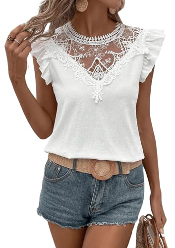GORGLITTER Bluse Mit Spitze Damen Elegant Bluse Mit Rüschen Spitzen Blusentop Blusenshirt Weiß L
