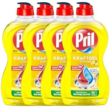 PRIL Kraft Gel Zitrone (4x 450 ml), Handgeschirrspülmittel mit höchster Fettlösekraft, für sauberes Geschirr auch in kaltem Wasser, frischer Zitronenduft