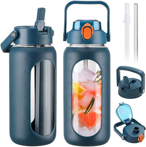 BLUEGO 2L Glass Water Bottles with 2 Lids Flip Lid and Spout Lid Half Gallon Water Bottle with Straw 2000ml Large Water Bottle with Time and Capacity Markers for Gym Home Office Leak-proof,Drak Blue