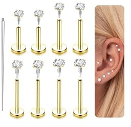 Adramata 8Pcs Helix Piercings Chirurgenstahl Labret Piercing Lippenpiercing Innengewinde Nasenpiercing Stecker CZ Flatback Ohrstecker Set 16/18G Piercing Ohr Medusa Conch Helix Piercings Gold Silber