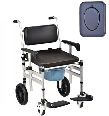 Klappbarer Duschstuhl aus Aluminium mit Rädern, Toilettenstuhl mit Rädern für Toilette mit Armlehnen, verstellbarer Nachttisch, wasserdichter Duschstuhl mit Rollen für behinderte ältere Erwachsene, 1