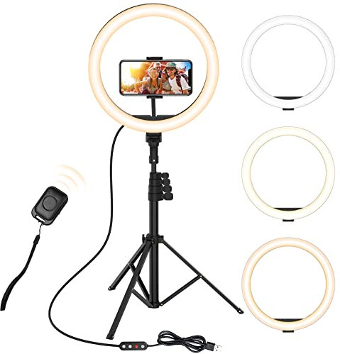 YOHOOLYO 12 Ring Light avec Trépied 64 Anneau Lumineux LED avec 10 Luminosité 3 Modes d'Eclairage, Trepied Smartphone Selfie LED Anneau Lumière pour Maquillage, Photographie, YouTube et Vidéo Selfie