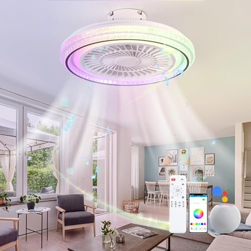 Luyaim RGB Alexa Licht Mit Ventilator Und Bluetooth-lautsprecher Kinder LED Dimmbare Deckenventilator Mit Licht Und Fernbedienung Leise 6 Geschwindigkeit Für Schlafzimmer Wohnzimmer Party