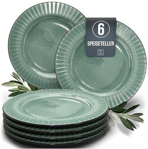 Steingut Teller groß 6 Pers. Tokyo Hochwertiges Asia-Style TEST SEHR GUT Steingut Speiseteller Set - Stylisches Teller Set, Essteller - 6 Personen Geschirrset Pure Living in Grün
