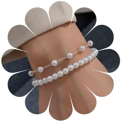 Aneneiceera Vintage geschichtetes Perlenarmband Gold Perlenkette Armband Strang Perlen Armband Doppelschicht Perlenarmband Handkette Schmuck für Frauen (Gold)