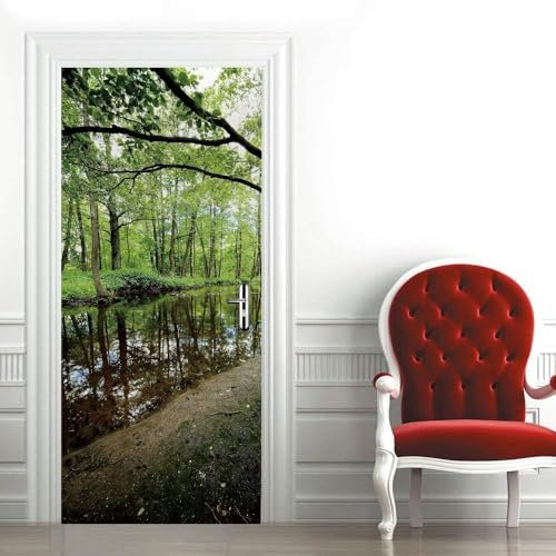 Türtapete Selbstklebend 90x200 cm Türfolie Selbstklebend Wald Türaufkleber Türposter Grüne Baumszene Türsticker Fototapete 3D Effekt für Schlafzimmer Wohnzimmer Küche 6594A