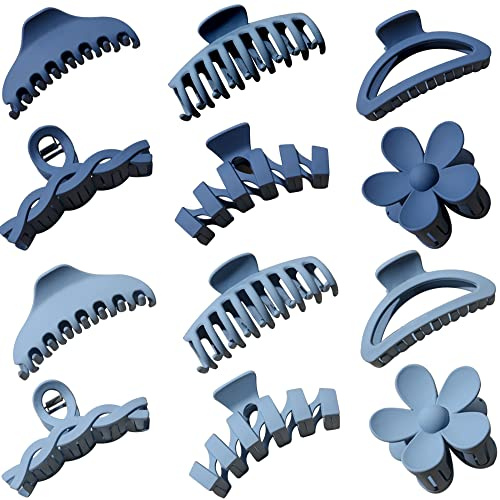 Haarklammern, verschiedene Formen, Haarspangen für Damen, rutschfest, große Kieferklauen-Clips für dicke, dünne, lockige Haar-Accessoires, Blau, 12 Stück