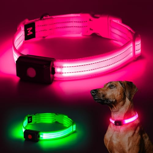 YIAZIM Leuchthalsband Hund, Aufladbar, Einstellbare LED, Hunde Leuchthalsband für Kleine, Mittlere, Große Hunde, Rosa, M