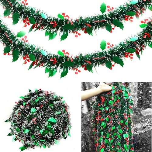 JUNHAO-SHOP Guirnalda de oropel de Navidad de 4 m, oropel grueso rojo/verde/blanco metálico, verde metálico, bayas de acebo, para suministros de fiesta de Navidad, decoraciones de interiores y