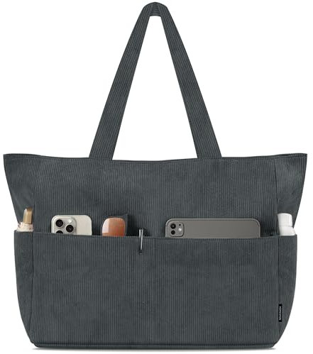HOMESPON Handtasche Damen Tote Bag Shopper Groß Umhängetasche Cord Crossbody Beuteltasche Schultertasche Stoffbeutel für Einkaufen Schule Arbeit Reisen(Grau M)