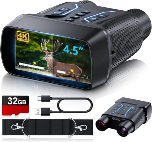 Nachtsichtbrille, 4K-UHD-Video und 36-MP-Bild, Infrarot-Nachtsicht-Fernglas mit 11,4 cm (4,5 Zoll) Bildschirm, 4500 mAh wiederaufladbarer Akku, 32 GB TF-Karte, 8-facher Digitalzoom für Camping