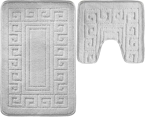 Pro Home Bath Mat Sets 2 Piece Washable 50x80cm – Non-Slip Toilet Mat and Pedestal Mat with Greek Pattern – Soft, Quick-Dry, Absorbent, Machine Washable, Ideal for Daily Use. (Grey)