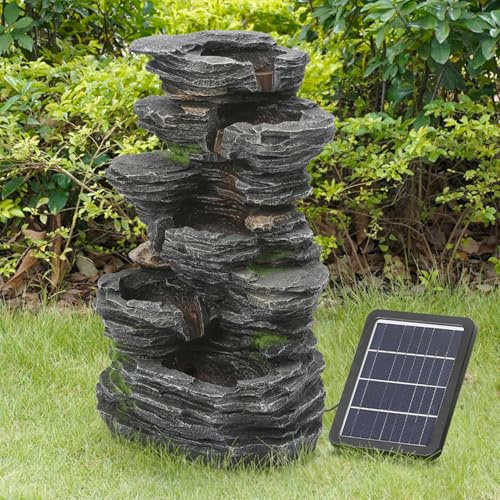 Warmiehomy Solar Water Fountain, 5 Tier Cascading Solar Water Feature Rockery Waterfall with Solar Powered Pump & Warm Lights for Outdoor, Garden fountains and Water Features, Height 48CM, Grey