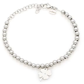 Braccialetto Quadrifoglio Portafortuna da Donna in Acciaio Inox, Braccialetto Colore Argento a Sfere 5mm Regolabile 16+5cm, Simbolo di Fortuna, Speranza e Amore – Idea Regalo Elegante e Significativa