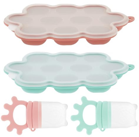 4 Stück Fruchtsauger Baby mit 2 Silikonsaugern und 2 Eiswürfelbehältern 15,8x9,3x2cm Fruchtschnuller Silikon Baby Obst Schnuller Zum Selbstständigen Füttern von Babynahrung