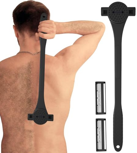 Huxibai Depiladora de espalda, herramienta de ajuste corporal diario – Diseño ergonómico 2 en 1 afeitadora masajeador para cabello corporal hombre