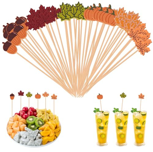 Lets Joy Bastoncini da Cocktail di Otoño, 100 Piezas Palitos de Cóctel, Palillos de Cóctel de Bambú, Acción de Gracias Stuzzicadenti Decorativi Frutta Spuntini Cocktail