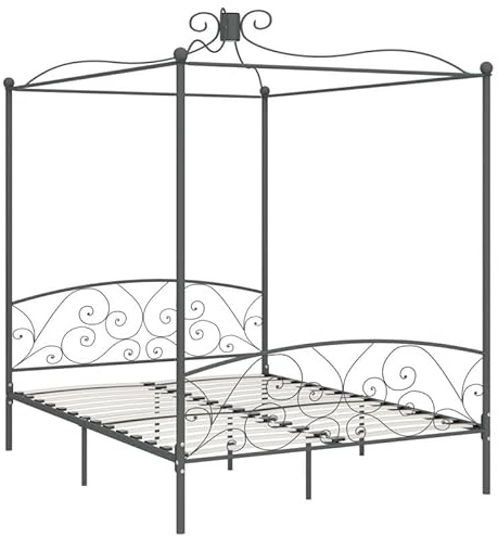 Eleganz Himmelbett-Gestell Grau Metall 160x200 cm – Modernes Doppelbett für Schlafzimmer, langlebiges Metallframe mit Stabiler Konstruktion, perfekt für romantische Atmosphäre