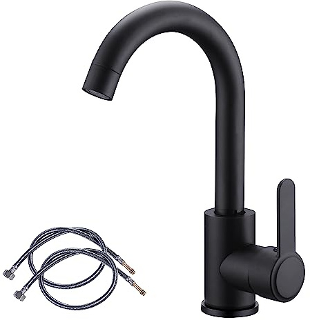 Black Kitchen Mixer Tap Small Kitchen Sink Faucet Single-Handle Monobloc Mixer Taps with 360º High Arc Swivel Spout Bar Sink Tap 1 Hole Bathroom Basin Faucet with UK Standard Hoses