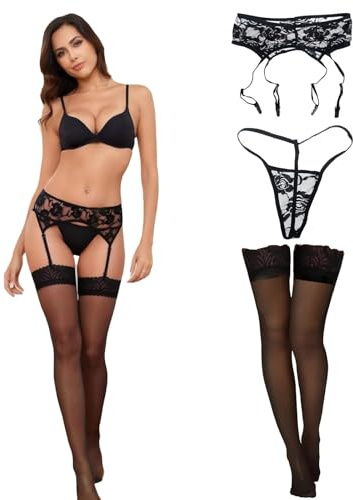 Womens Suspenders Belt with Stockings, Rose Pattern Stretch Lace Garter Sexy Lingerie Set See-Through Mesh Suspender Belt High Waist Tights Universe Size