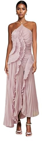 Vestido largo plisado con volantes para mujer, sin mangas, cuello halter, irregular, plisado, de gasa, para invitados de boda