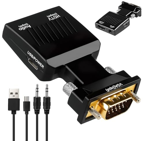 Pmqs Adaptateur VGA vers HDMI 1080P Convertisseur VGA Mâle vers HDMI Femelle 60HZ avec 3,5 mm Câble et d'alimentation Câble pour Ancien Portable PC vers TV Moniteur HDTV