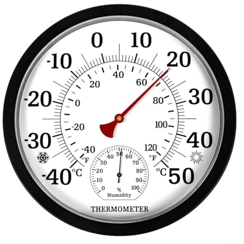 Termómetro higrómetro inalámbrico para interior y exterior, medidor de humedad analógico con pantalla de 25 cm, estación meteorológica para jardín, invernadero, oficina, negro (negro)