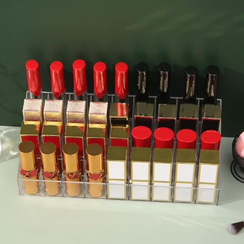 WheatThrive Organizador de maquillaje, soporte para lápiz labial, caja de almacenamiento transparente, estuche de cosméticos de 36 rejillas para joyas, organizador de escritorio transparente