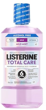 Listerine Mouthwash Total Care Mild Mint, Alcohol Free Mouthwash for Adults, Fluoride Mouth Rinse, Non Alcohol Anticavity Oral Rinse, Kills 99.9% of Bad Breath Germs, 500 mL
